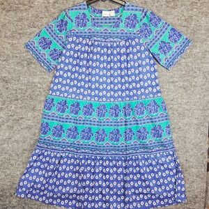 The Vermont Country Store Dress Large Blue Green Floral Tiered Patio Cottagecore